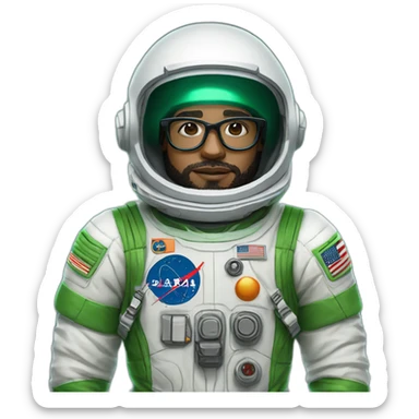 Light skin Man with black short curly hear and beard and black glasses wearing a green and white astronaut suit and helmet sticker