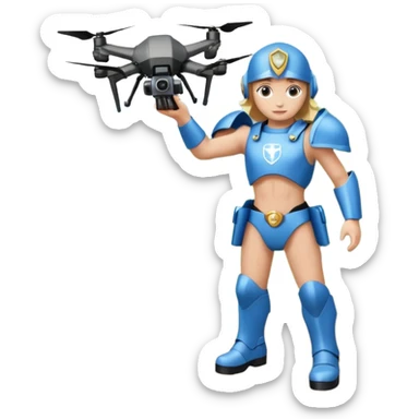 Un photographe high tech, une armure de terrain à la super héro. Il a des appareils photos, des caméras embarquées et un drone  sticker