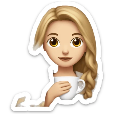 white girl with light brown long hair and brown eyes with blanket wrapped about shoulders and sipping tea sticker