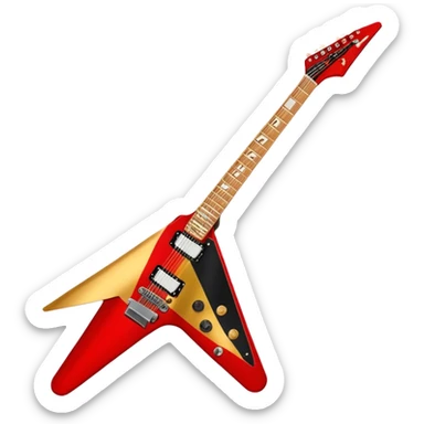 Create a bold and dynamic emoji representing the Epiphone Dave Mustaine Flying V Custom electric guitar. The design should feature the sharp, iconic V-shaped body of the guitar, with a custom finish reflecting Dave Mustaine’s signature style. Add intricate details like gold or chrome tuning pegs and pickups, with subtle graphics or patterns that reflect the aggressive, heavy metal aesthetic. Use a color palette of black, gold, and red, with a touch of metallic sheen for the high-end finish. The background should be transparent to emphasize the guitar's iconic shape sticker