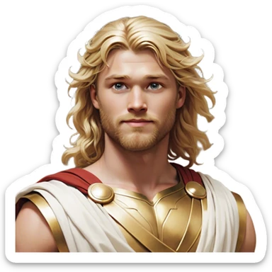 Cinematic Realistic Thor Portrait, head tilted playfully and inquisitively, showcasing his classical Greek god allure with a relaxed, yet commanding presence. His fair, radiant skin and flowing, wavy golden hair are highlighted by a gentle smile and twinkling, approachable eyes. Clad in a gracefully draped white toga with subtle golden embellishments, he exudes a lighthearted yet powerful charm under soft, natural lighting. sticker