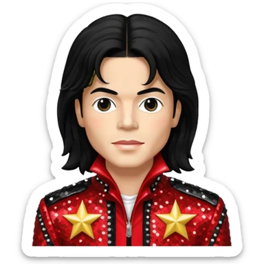 Michael Jackson with black long hair, red sequin jacket, black shirt, light skin sticker