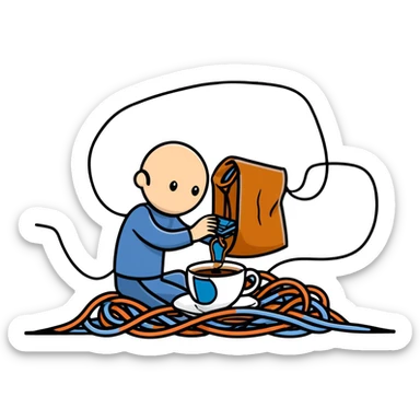 crazy coder with coffee spills and tangled wires sticker