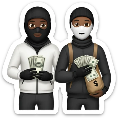 Two men one white and the other black one Ski mask holding money bag with black skin color black and white money bag sticker