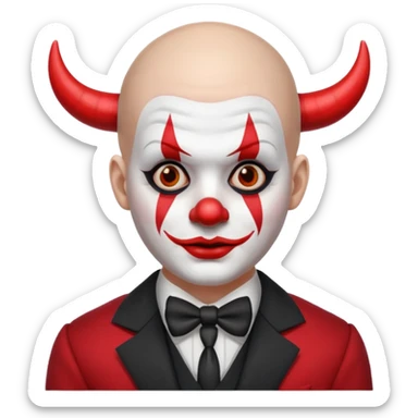 Crea un payaso con cara blanca sin pelo con cuernos negros y un traje rojo con negro sticker