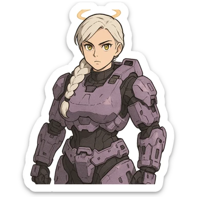 female, wearing reach spartan armor default, long white braid hair, gold yellow eyes, attention pose, halo series, no helmet, the armor is lavender color scheme and has no shoulder pad attachments. DDD bust size fitting. Punk gothic cyberpunk sticker