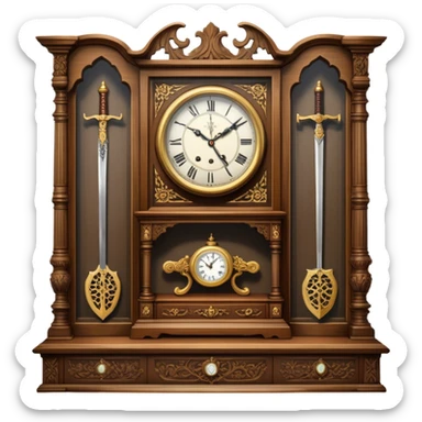 Icon for Antiques Collecting: a vintage clock, intricately carved furniture, famous paintings, antique swords, and rifles. The items are displayed on a wooden table or shelf. The icon should evoke the rich history and craftsmanship of antique collecting. Transparent background. sticker