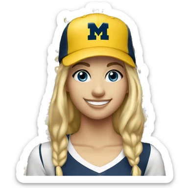 Blonde girl with blue eyes smiling wearing University of Michigan ball cap sticker