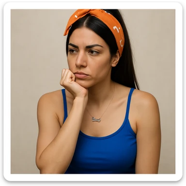 Create a hyperrealistic 4K image of a thoughtful woman, almost full figure, with her hand under her chin, inspired by the reference image. She has a reflective expression and a neutral background. This is variant 6 with a changed shoulder posture. sticker