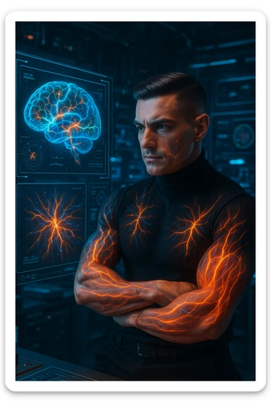"Neuroscientist using advanced visualization to reprogram muscle development pathways, brain scans showing neural networks firing to stimulate muscle growth, expression of scientific breakthrough, his body responding to optimized mental training protocols, muscle memory being created without physical movement, consciousness hacking biological systems for muscle development" sticker