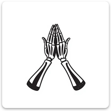 praying skeleton hands, stylized cartoon, bold lines, hands together in prayer sticker