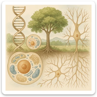 A realistic biological illustration (like in a school book) showing: DNA strands transitioning into a tree, cells with visible organelles, neurons connected to plant roots  and a balanced ecosystem background . Seamless integration, no labels or borders. Scientific color scheme, detailed but minimalist. sticker