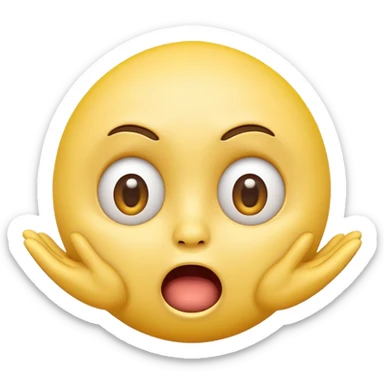 A 3D glossy yellow emoji face with a horrified expression, only large wide-open eyes, wide-open mouth, raised eyebrows, no nose, hands against its cheeks, vector style, black background, high quality, soft studio lighting sticker