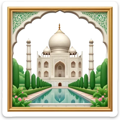 Cinematic Realistic Taj Mahal Landmark Emoji, depicted as the iconic marble mausoleum set amidst lush gardens rendered with intricate detail and ethereal, soft lighting. sticker
