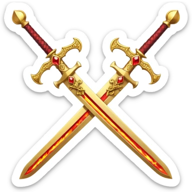 Two crossed swords that are golden in blade and handle and have fiery and royal appearence to them as well as red gem stones yellow in color sticker