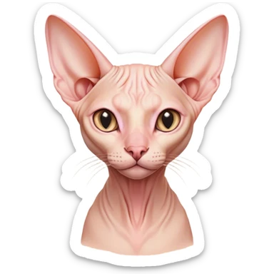 Cinematic Noble Sphynx Cat Portrait Emoji, Poised and regal, with smooth, hairless skin in warm peach and soft pink tones, striking large ears and intense almond-shaped eyes, Simplified yet sharp and sophisticated features, highly detailed, glowing with a soft, dignified glow, high shine, intelligent and graceful, stylized with an air of elegance, focused and attentive, soft glowing outline, capturing the essence of a watchful and refined feline, so majestic it feels as though it could glide across the screen with effortless confidence! sticker