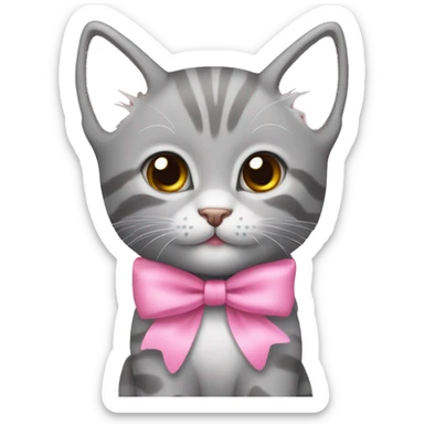grey kitten wearing a pink bow on their head sticker