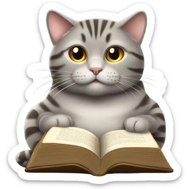 chubby gray tabby cat with golden stomach reading Bible sticker