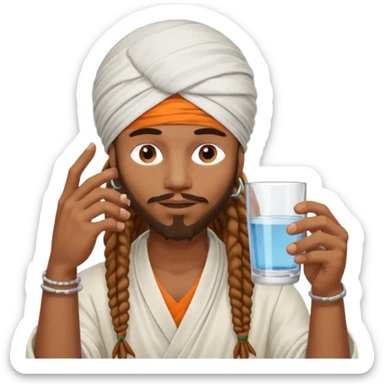 Brownskin man with long dreadlocks add a white turban on his head orange shirt drinking  sticker