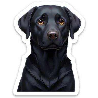 Cinematic Noble Black Labrador Portrait Emoji, Poised and regal, with a robust, muscular build and a sleek, shiny pure black Fur, deep-set soulful brown eyes, Simplified yet sharp and sophisticated features, highly detailed, glowing with a soft, dignified glow, high shine, intelligent and gentle, stylized with an air of confidence, focused and attentive, soft glowing outline, capturing the essence of a watchful and loving companion, so majestic it feels as though it could bound out of the screen with effortless authority! sticker