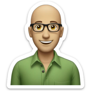 smiling jewish man with shaved head in rectangular black glasses and green button up shirt sticker