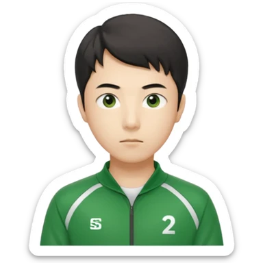 Illustrate Cho Sang-woo (Player 218) in green tracksuit with sharp, calculating gaze. sticker