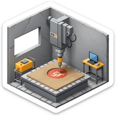 cnc machien curtting stone slab standing in a warehouse with human isometric view sticker