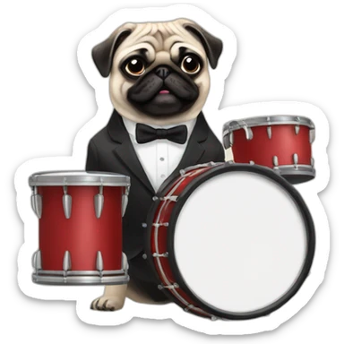 Pug with bow tie and suit playing drums sticker