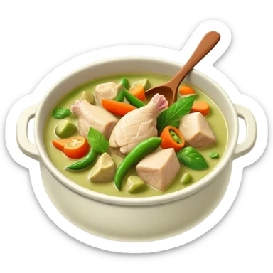Green Chicken Curry Cinematic Realistic Green Chicken Curry Dish Emoji, depicted as tender chicken chunks simmered in a fragrant green curry sauce with vegetables, rendered with vivid textures and dynamic, vibrant lighting. sticker