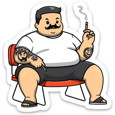 Overweight man sitting back in chair with legs spread, holding cigarette, exposed belly, round face, very short black hair (not bald), short beard with mustache, black t-shirt with light stripes on top, black shorts, arms covered in black line tattoo patterns on forearms and shoulders sticker