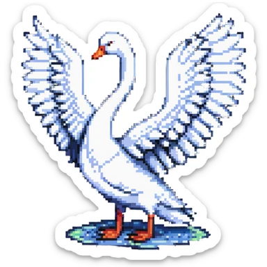 swan flying with wings extended in pixel art style sticker