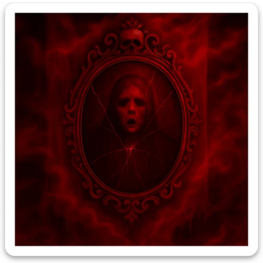 Change the color scheme to red and black with intense red fog and mist, creating an overall red horror palette. Keep all other details unchanged. sticker