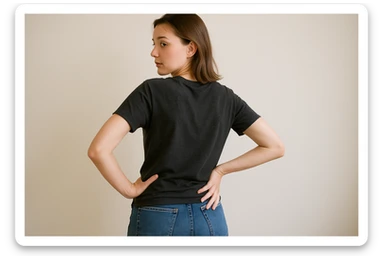 Rakurs orqadan oldiga qarab turgan inson qo'lini beliga qo'yib turgan sticker