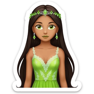 enchantress goddess wearing a embellished shimmering light powder white lace and lime green gown with tanned skin and super long straight dark brown hair sticker