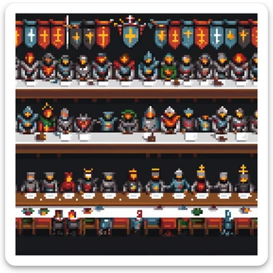 pixel art scene inspired by the Last Supper, straight-on perspective, long table with knights, robots, and people posed like Jesus and the apostles, detailed, vibrant, medieval and futuristic elements combined sticker