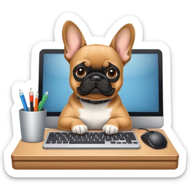 Fawn Frenchie with black muzzle working behind computer sticker