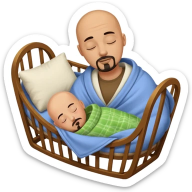 a man who is tan and bald with a black goatee sleeping in a cradle sticker