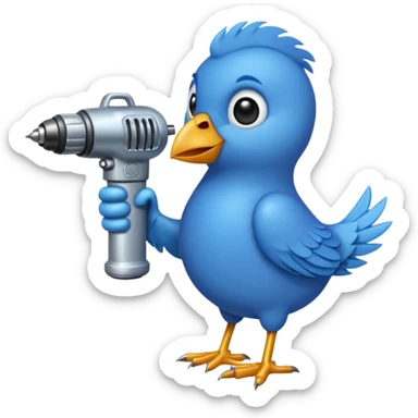 A blue Twitter bird holding a large drill sticker