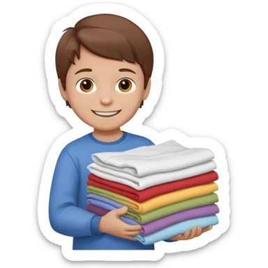Little boy with brown hair smiling and carrying a stack of clean folded clothes sticker