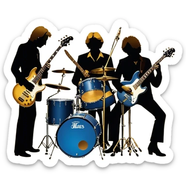 Icon for Blues Rock: collage of the band Cream, with silhouettes of the members (Eric Clapton, Jack Bruce, Ginger Baker) and symbolic items like guitars, drums, and bass. The design should convey the powerful, energetic vibe of the band's music. Transparent background. sticker