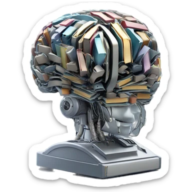 robotic brain with books floating inside the metallic mechanical brain folds sticker