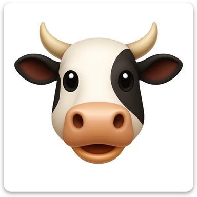 Create a cow face emoji that looks exactly like the reference image, in iOS emoji style. The emoji should have 3D appearance, shiny surface, smooth gradients, soft shadows, a friendly expression, black and white markings, and horns. Add a glossy effect to the nose. sticker
