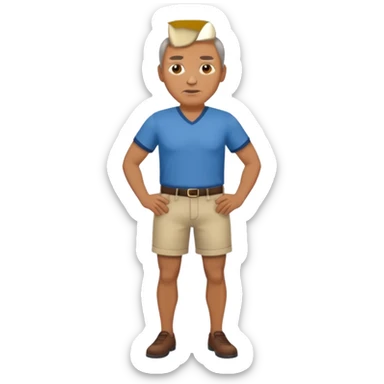 Clothed mature man standing, facing viewer, holding his crotch sticker