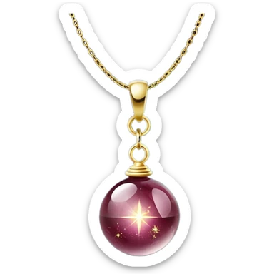 A polished round ball wine granite pendant suspended from a delicate gold chain, like a drop of enchanted starlight, glowing with the warmth of passion and the quiet power of transformation ethereal floating magical moving around... rebirth moving chain sticker