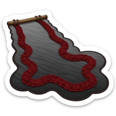 Minimalist emoji-style sticker of a carpet turning into a dark river, murky texture, grayscale and dried blood tones, side ropes in shadow
 sticker