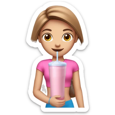 a girl with brown long straightened hair and blue eyes with pink leggings and pink sports top with a protein shake in her hand sticker