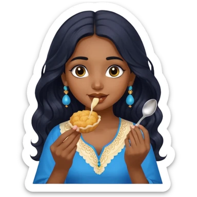 a pretty indian bratz girl with wavy long black hair. eyeliner on, wearing a blue kurti, eating golgappa (without spoon) sticker