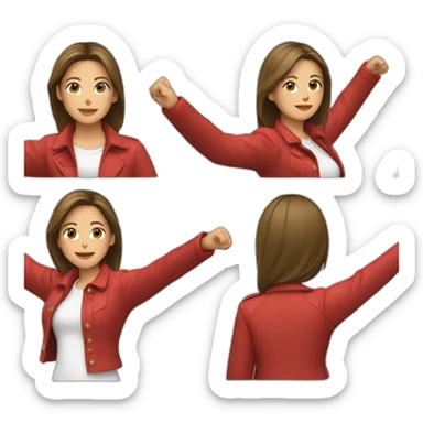 Young woman wearing a white shirt and a red jacket, both hands up sticker