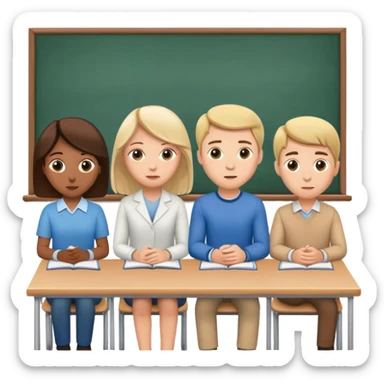 five caucasian people sitting together in classroom learning sticker