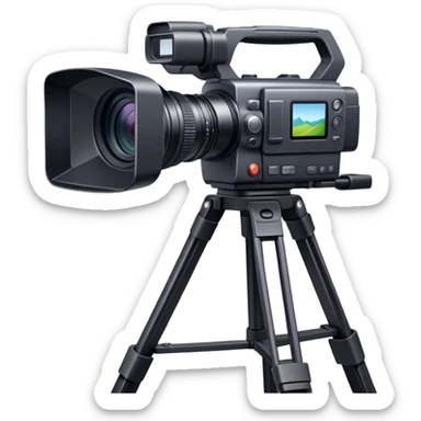 Create an emoji for video recording. Show a  single lens professional video camera with screen and image on it, on heavy tripod. Use modern, professional colors. Do not include any emojis or smiley faces. Make the background transparent. sticker